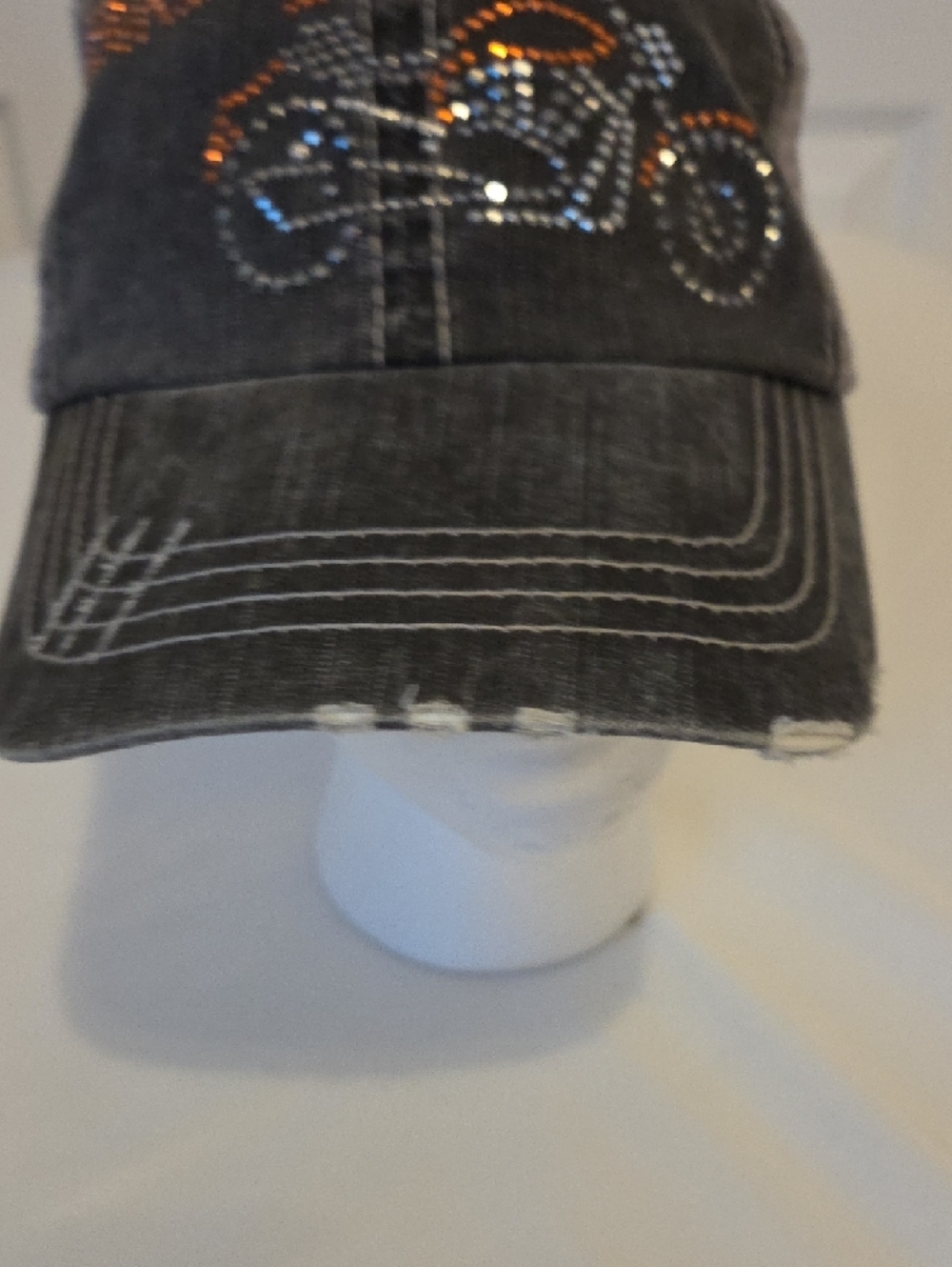 Womens Black Distressed Rhinestone Motorcycle Baseball Cap - Picture 3 of 5